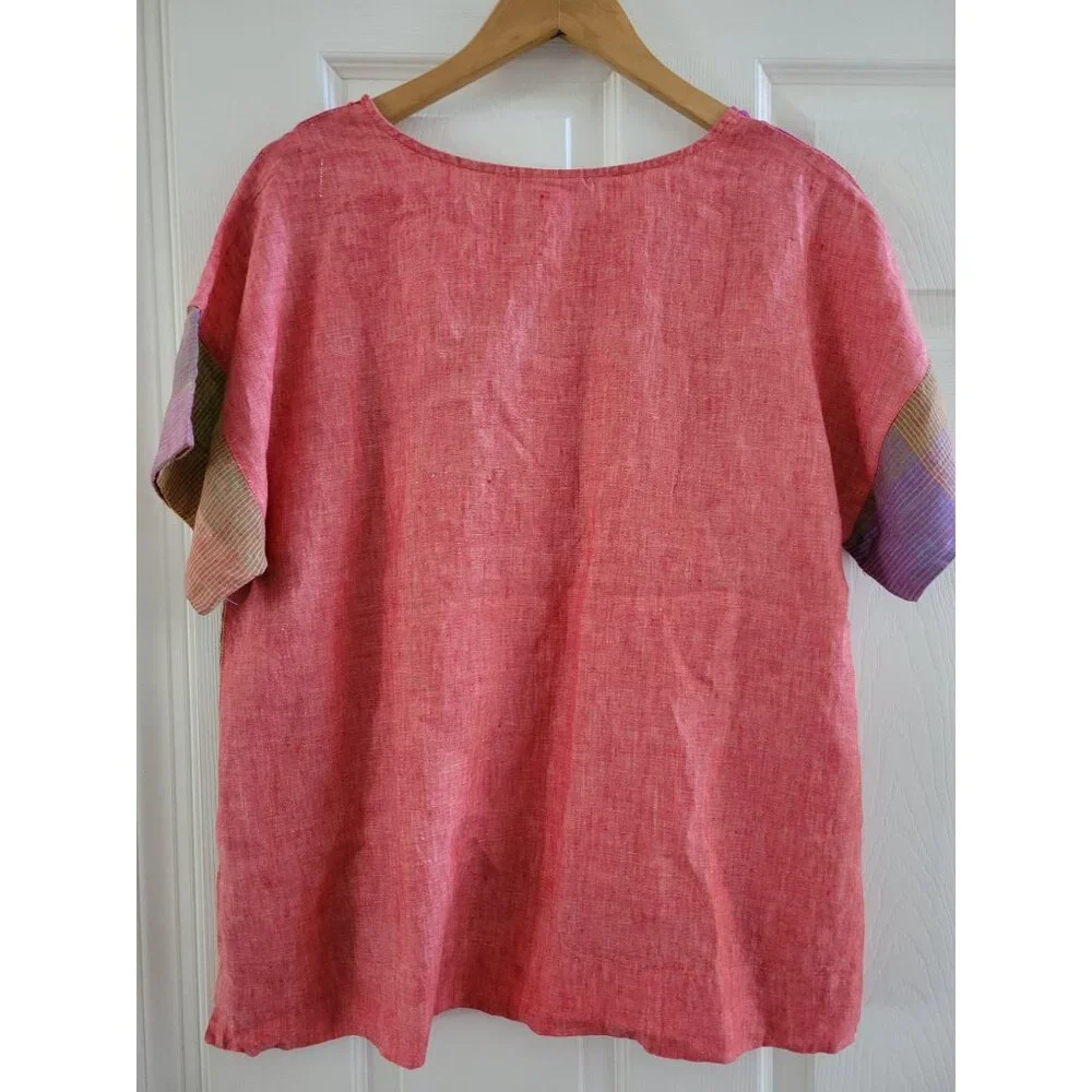 Foil Womens Linen Top Orange Purple Check Fiesta print size 8 lagenlook - Picture 4 of 8
